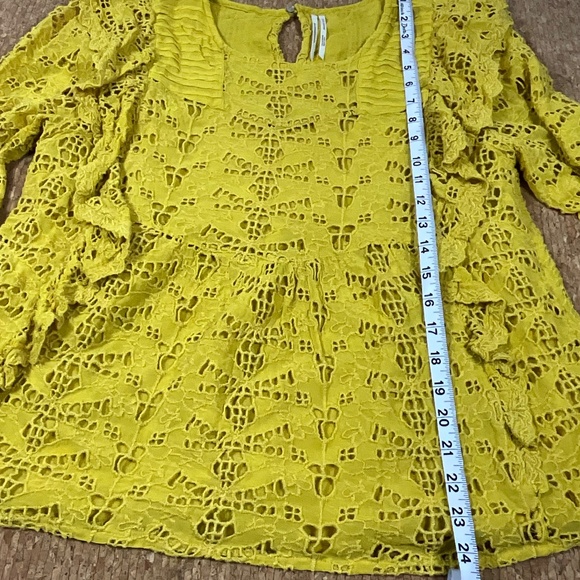 Anthropologie Yellow Lace Ruffle Blouse Women’s 14 Boho Chic Crochet Eyelet Top - Picture 11 of 12